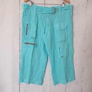 Pete & Greta Cargo Pants 12 Turquoise Blue Wide Leg Crop Unisex Linen Johnny Was